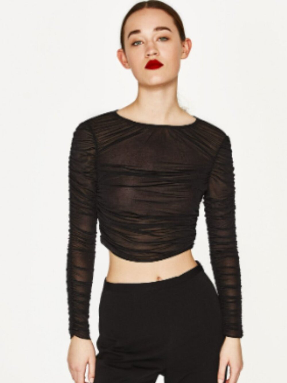 NWOT Zara Sheer Long Sleeve Ruched Tulle Top